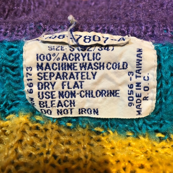 Multi Color Striped 80’s Vintage Sweater Small Purple Yellow Green Red - Picture 3 of 4